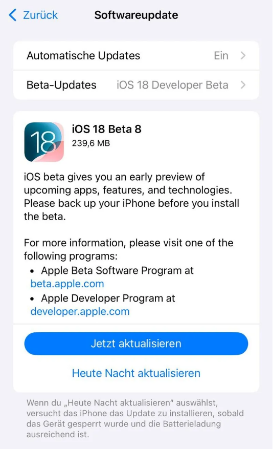 全州苹果手机维修分享苹果 iOS / iPadOS 18 开发者预览版 Beta 8 发布 